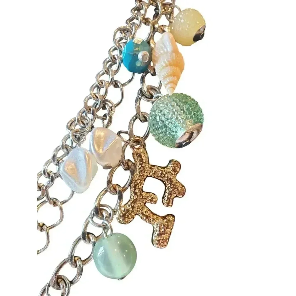 Triple Strand‎ Shell Crystal Bead Bib NecklaceTeal Blues Spring Summer Classic